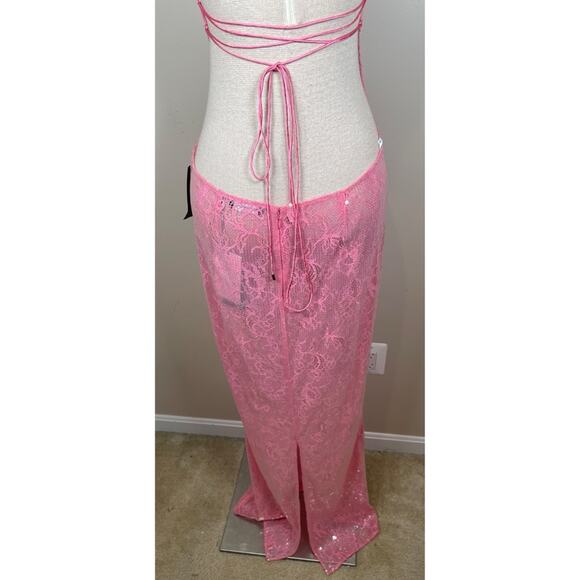 RETROFETE Shivonne Sheer Floral Sequin Halterneck Paradise Pink Maxi Dress Sz L - Picture 8 of 11